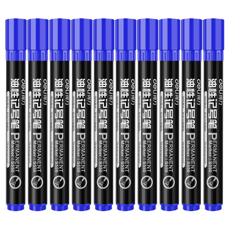 得力（deli）蓝色油性粗头记号笔 10支/盒 S550