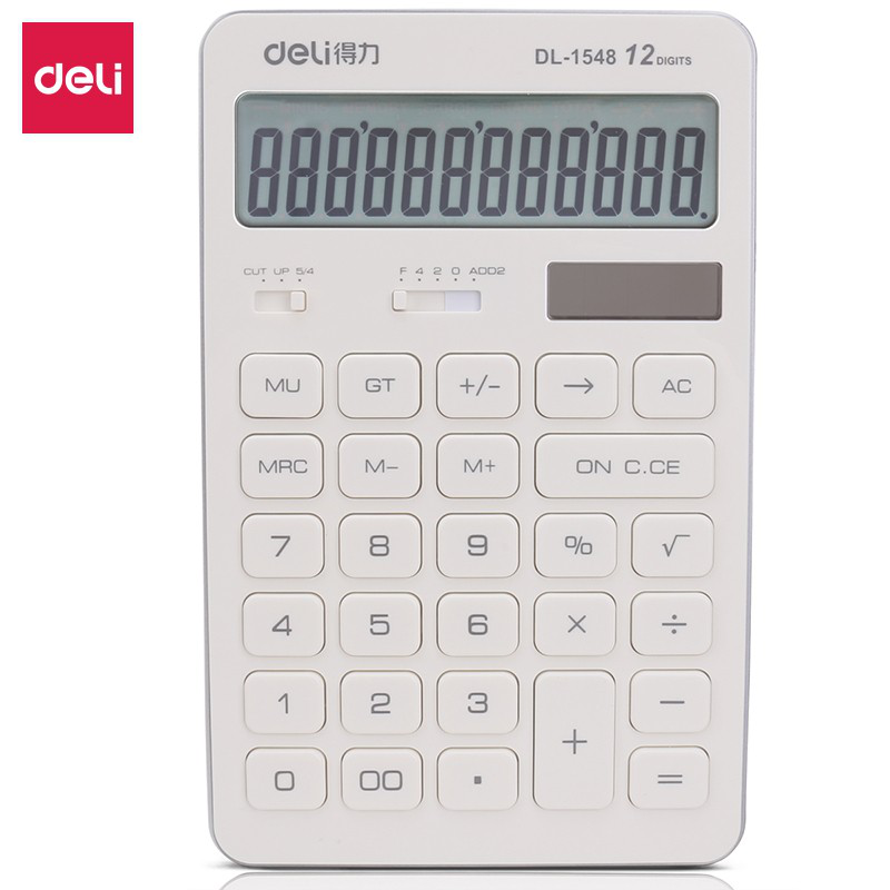 得力（deli） 时尚彩色计算器 学生12位太阳能双电源大按键设计办公用品1548A净白2个装